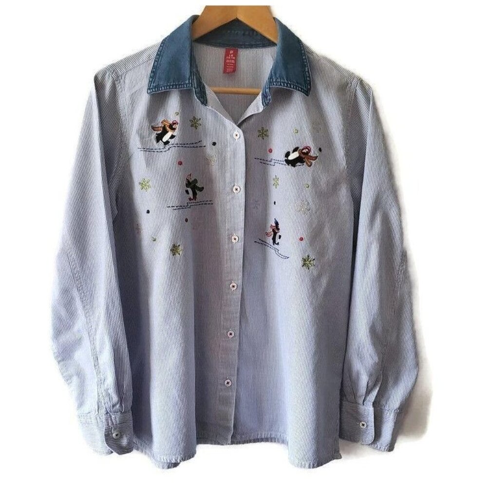 Women’s Striped Skating Penguins Winter Holiday LS Woven Shirt Size L/G (12-14) - Picture 2 of 9